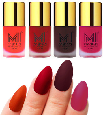 

MI Fashion Premium Quality Dull Velvet Matte Nail Polish Duo Pont Flat Brush Exclusive Combo Orange,Tomato Red,Wine,Pink(Pack of 4)