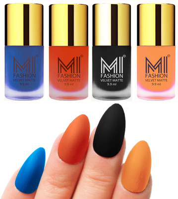 

MI Fashion Premium Quality Dull Velvet Matte Nail Polish Duo Pont Flat Brush Exclusive Combo Navy Blue,Orange,Black,Saffron Orange(Pack of 4)