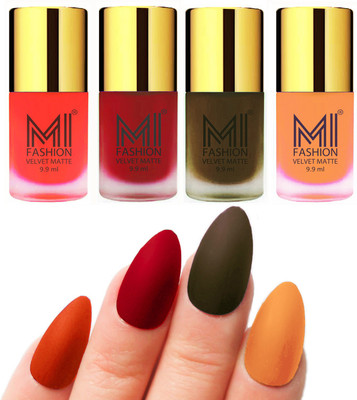 

MI Fashion Premium Quality Dull Velvet Matte Nail Polish Duo Pont Flat Brush Exclusive Combo Orange,Tomato Red,Olive Brown,Saffron Orange(Pack of 4)