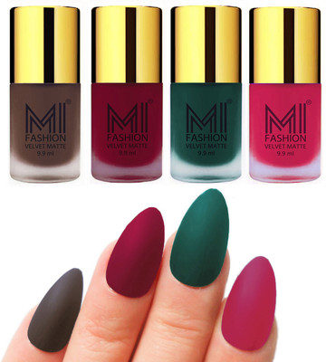 

MI Fashion Premium Quality Dull Velvet Matte Nail Polish Duo Pont Flat Brush Exclusive Combo Coffee,Mauve,Dark Green,Pink(Pack of 4)