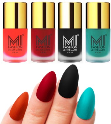 

MI Fashion Premium Quality Dull Velvet Matte Nail Polish Duo Pont Flat Brush Exclusive Combo Orange,Tomato Red,Black,Sky Blue(Pack of 4)