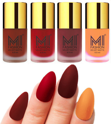 

MI Fashion Premium Quality Dull Velvet Matte Nail Polish Duo Pont Flat Brush Exclusive Combo Cherry Red,Tomato Red,Maroon,Saffron Orange(Pack of 4)