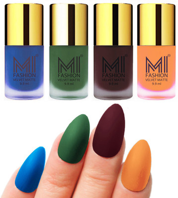 

MI Fashion Premium Quality Dull Velvet Matte Nail Polish Duo Pont Flat Brush Exclusive Combo Navy Blue,Green,Wine,Saffron Orange(Pack of 4)