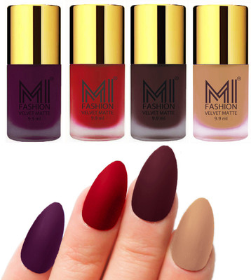 

MI Fashion Premium Quality Dull Velvet Matte Nail Polish Duo Pont Flat Brush Exclusive Combo Purple,Tomato Red,Wine,Nude(Pack of 4)