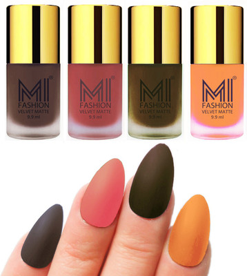 

MI Fashion Premium Quality Dull Velvet Matte Nail Polish Duo Pont Flat Brush Exclusive Combo Coffee,Light Peach,Olive Brown,Saffron Orange(Pack of 4)