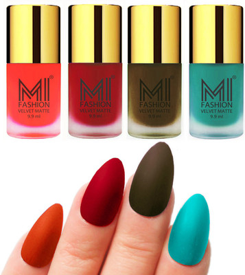 

MI Fashion Premium Quality Dull Velvet Matte Nail Polish Duo Pont Flat Brush Exclusive Combo Orange,Tomato Red,Olive Brown,Sky Blue(Pack of 4)