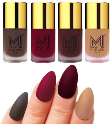 

MI Fashion Premium Quality Dull Velvet Matte Nail Polish Duo Pont Flat Brush Exclusive Combo Coffee,Mauve,Red Wine,Nude(Pack of 4)