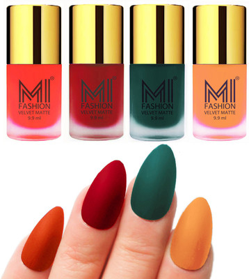 

MI Fashion Premium Quality Dull Velvet Matte Nail Polish Duo Pont Flat Brush Exclusive Combo Orange,Tomato Red,Dark Green,Saffron Orange(Pack of 4)