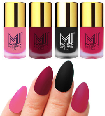 

MI Fashion Premium Quality Dull Velvet Matte Nail Polish Duo Pont Flat Brush Exclusive Combo Baby Pink,Mauve,Black,Pink(Pack of 4)