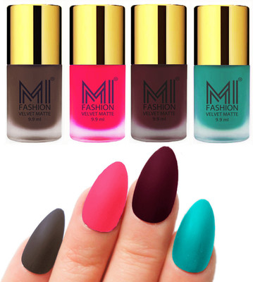 

MI Fashion Premium Quality Dull Velvet Matte Nail Polish Duo Pont Flat Brush Exclusive Combo Coffee,Neon Pink,Red Wine,Sky Blue(Pack of 4)
