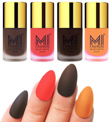 

MI Fashion Premium Quality Dull Velvet Matte Nail Polish Duo Pont Flat Brush Exclusive Combo Coffee,Neon Orange,Dark Brown,Saffron Orange(Pack of 4)
