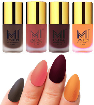 

MI Fashion Premium Quality Dull Velvet Matte Nail Polish Duo Pont Flat Brush Exclusive Combo Coffee,Light Peach,Red Wine,Saffron Orange(Pack of 4)