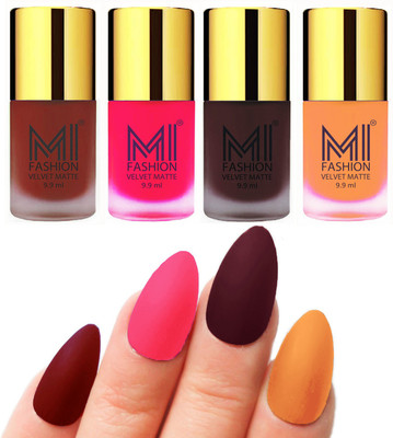 

MI Fashion Premium Quality Dull Velvet Matte Nail Polish Duo Pont Flat Brush Exclusive Combo Red,Neon Pink,Wine,Saffron Orange(Pack of 4)