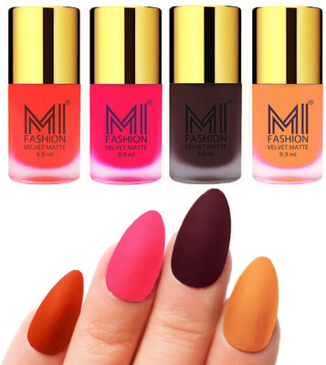 

MI Fashion Premium Quality Dull Velvet Matte Nail Polish Duo Pont Flat Brush Exclusive Combo Orange,Neon Pink,Wine,Saffron Orange(Pack of 4)
