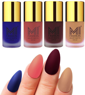 

MI Fashion Premium Quality Dull Velvet Matte Nail Polish Duo Pont Flat Brush Exclusive Combo Royal Blue,Light Peach,Red Wine,Nude(Pack of 4)