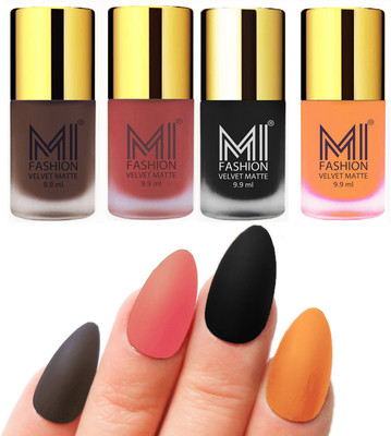 

MI Fashion Premium Quality Dull Velvet Matte Nail Polish Duo Pont Flat Brush Exclusive Combo Coffee,Light Peach,Black,Saffron Orange(Pack of 4)