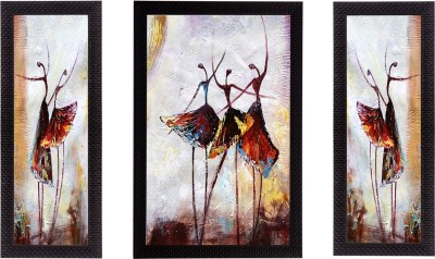 eCraftIndia Set of 3 Abstract Dancing Lady Satin Matt Texture UV Art Ink 14 inch x 24 inch Painting(With Frame, Pack of 3)