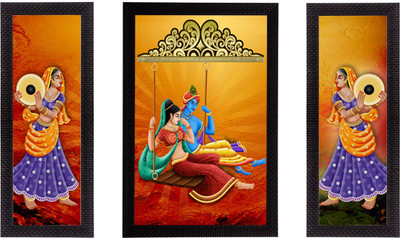 eCraftIndia Set of 3 Radha Krishna Satin Matt Texture UV Art Ink 14 inch x 24 inch Painting(With Frame, Pack of 3)