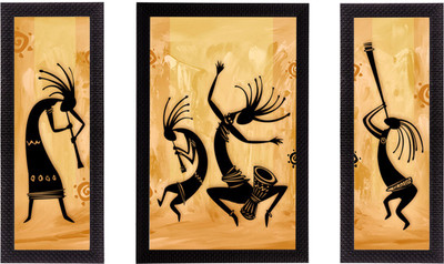 eCraftIndia Set of 3 Abstract Dancing Creatures Satin Matt Texture UV Art Ink 14 inch x 24 inch Painting(With Frame, Pack of 3)