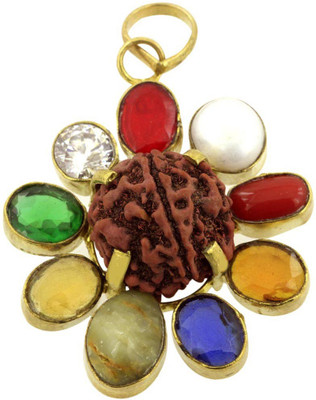 Gems Jewels Online Navratna Pendant With 5 Mukhi Rudraksha For Health,Wealth & Good Gold-plated Stone Pendant