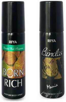 

Riya BINDAS MANIA PERFUME BODY SPRAY 150 ML +BORN RICH PERFUME BODY SPRAY 150 ML Deodorant Spray (150 ml, Pack of 2) Perfume - 150 ml(For Men & Women)