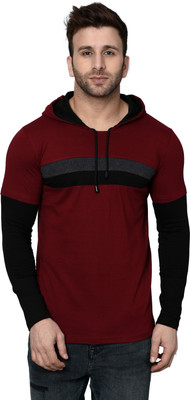 SHAPPHR Color Block Men Hooded Maroon T-Shirt
