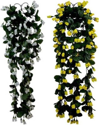 kaykon Artificial Flowers Hanging Rose Kali Buds Home Decor Flowers With Iron Net - Pack of 2 - Height 32 inch White, Yellow Rose Artificial Flower(32 inch, Pack of 2) at flipkart
