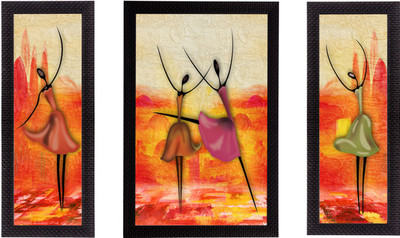 eCraftIndia Set of 3 Abstract Dancing Lady Satin Matt Texture UV Art Ink 14 inch x 24 inch Painting(With Frame, Pack of 3)