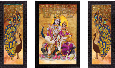 eCraftIndia Set of 3 Radha Krishna Satin Matt Texture UV Art Ink 14 inch x 24 inch Painting(With Frame, Pack of 3)