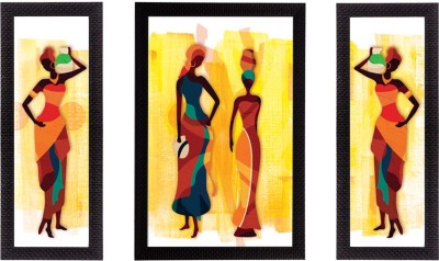 eCraftIndia Set of 3 Tribal Lady Satin Matt Texture UV Art Ink 14 inch x 24 inch Painting(With Frame, Pack of 3)