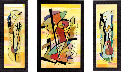 eCraftIndia Set of 3 Abstract Object Satin Matt Texture UV Art Ink 14 inch x 24 inch Painting(With Frame, Pack of 3)