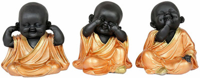 Royalbox Polyresin Baby Buddha Monk Idol Statue Showpiece Set of 3 Decorative Showpiece  -  12 cm(Polyresin, Black, Gold)