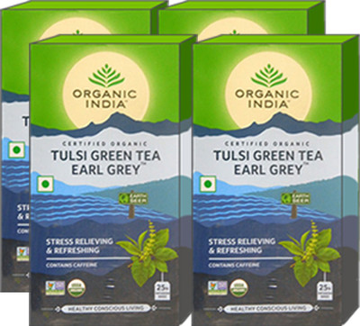 Organic India Tulsi Green Tea Earl Grey 25 Tea Bags- (Pack Of 4) Tulsi Herbal Tea Bags Box(100 Bags)