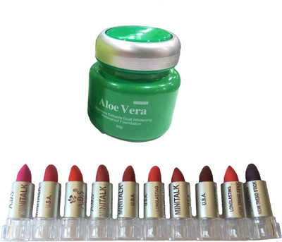 

Miss Boss set of 10 balm, matte,longlasting lipstick, kb Aloe Vera Foundation dual whitening waterproof Foundation 50gm combo(Set of 2)