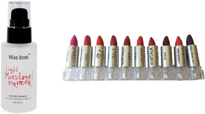 

Miss Boss set of 10 balm, matte,longlasting lipstick, Matte Long Lasting Primer - 45 ml combo(Set of 2)