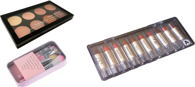 

Miss Boss set of 10 balm, matte,longlasting lipstick, kb concealer palette 7 hk black brushes combo(Set of 2)
