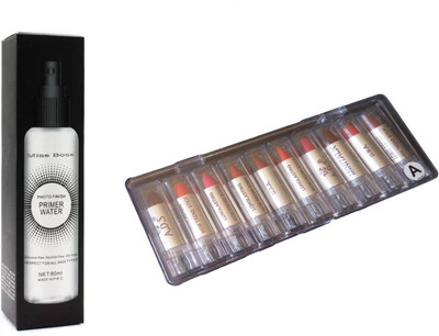 

Miss Boss set of 10 balm, matte,longlasting lipstick, kb Olive Oil Makeup Fixer Primer - 120 ml combo(Set of 2)