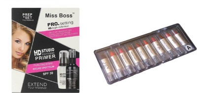 

Miss Boss set of 10 balm, matte,longlasting lipstick, HD STUDIO PROFESSIONAL PREP+SET MAKEUP COMBO (1 PRIMER 1 FIXER) - 100 ml combo(Set of 3)
