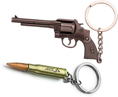MGP FASHION Unique Combo Of Two Copper Golden Brown Big Bullet Goli Shape Metal Cross Fire Round Head With Mini Pistol Revolver Gun Party Gift Girl Boy Men Women Keyring Key Chain