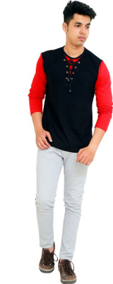 FARICON Colorblock Men Round Neck Red, Black T-Shirt