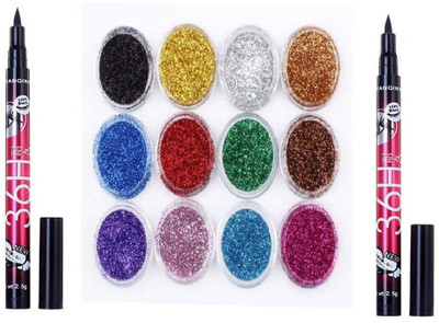 

Rtb combo of Glitter Eye shadow Powder with 2 black eyeliner 36 hrs(Set of 14)