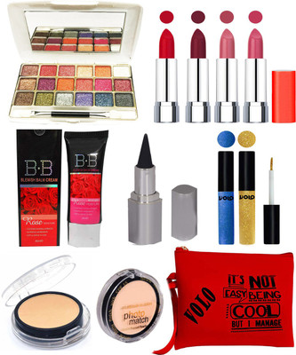 

volo Combo Makeup Set ( 18 Color Eye Shadow,2 Eye Liners, 4 Pcs Lipsticks, 1 kajal, 1 Compact, 1 BB Cream)(Set of 10)