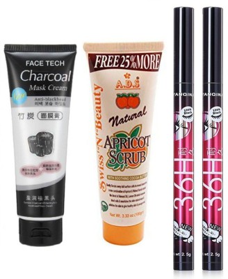 RTB charcoal face mask 130 gm, scrub 100 gm & 36 hrs black eyeliner pack of 2(4 Items in the set)