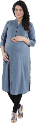 mamma's maternity Women Solid Frontslit Kurta(Grey)