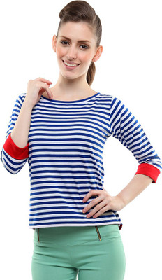 Miss Chase Casual 3/4 Sleeve Striped Women Blue Top