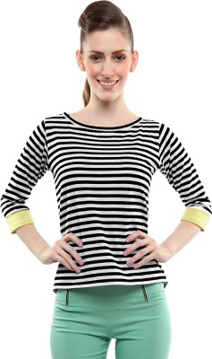 Miss Chase Casual 3/4 Sleeve Striped Women Black Top