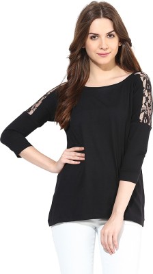 Miss Chase Party 3/4 Sleeve Solid Women Black Top