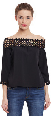 Miss Chase Party 3/4 Sleeve Solid Women Black Top