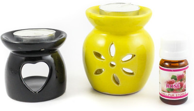 Lyallpur Stores Floral Diffuser Set Handcrafted Aroma Ceramic Tealight Diffuser Pot Shape Multicolour With Rose Fragrance Oil And Candle (Pack Of 2)(4 x 2.5 ml)