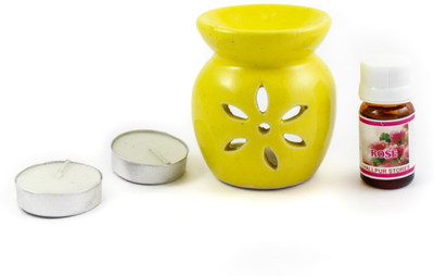 Lyallpur Stores Floral Diffuser Set Handcrafted Aroma Ceramic Tealight Diffuser Pot Shape Yellow Colour With Rose Fragrance Oil And Candle(4 x 2.5 ml)